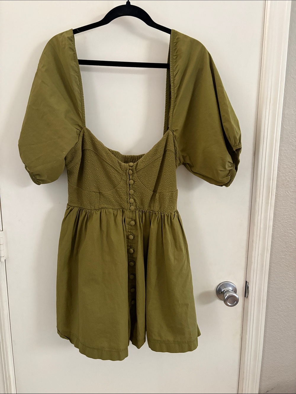 Anthropologie Maeve Puff-Sleeve Sweetheart Mini Dress in Moss Green SZ M